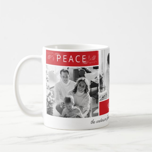Peace Joy Love 3 Photo Collage Script Red Holiday Coffee Mug (Left)