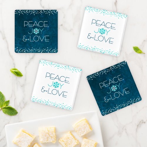 Peace Joy Love Blue Modern Snowflake Typography Coaster Set