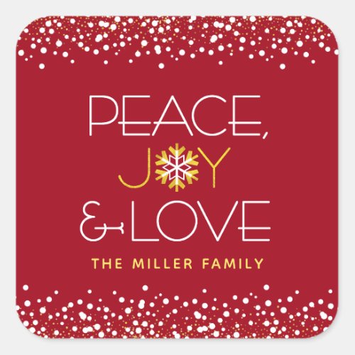 Peace Joy Love Bold Modern Holiday Snowflake Red Square Sticker