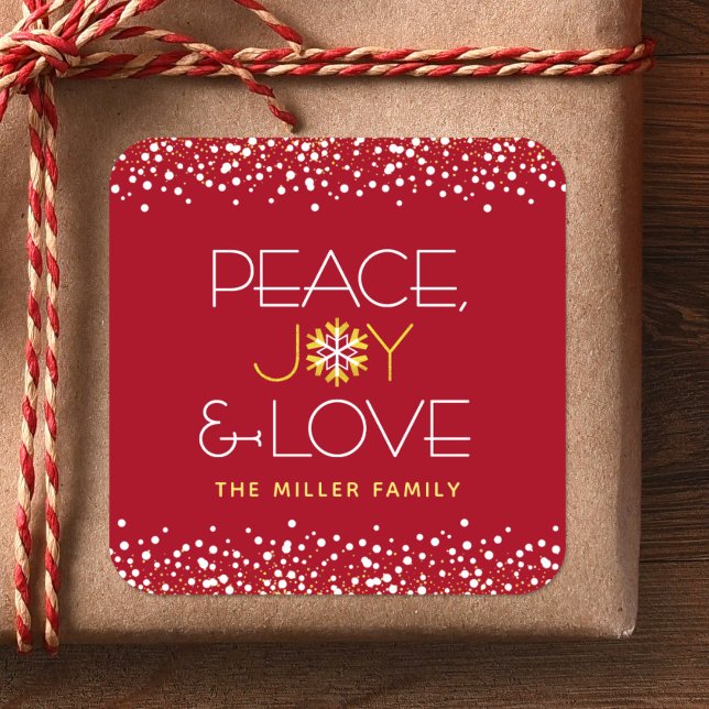 Peace Joy Love Bold Modern Holiday Snowflake Red Square Sticker (Creator Uploaded)