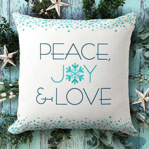 Peace Joy Love Bold Modern Snowflake Typography Throw Pillow
