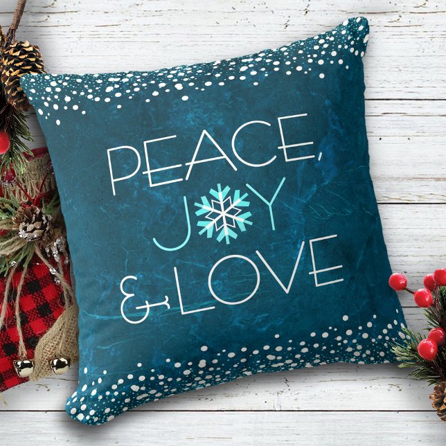 Peace Joy Love Chic Modern Snowflake on Blue Throw Pillow (Creator Uploaded)