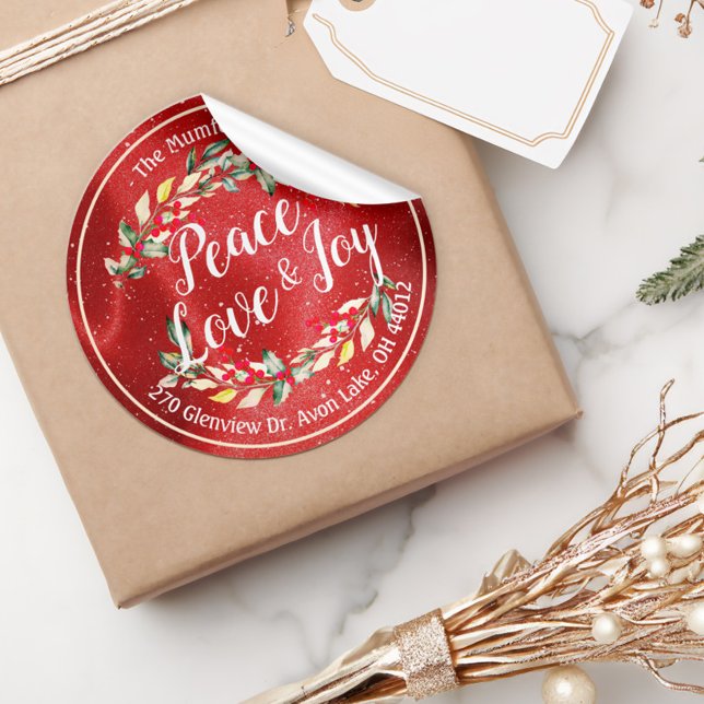 Peace Joy & Love Christmas Happy New Year Address Classic Round Sticker (Creator Uploaded)