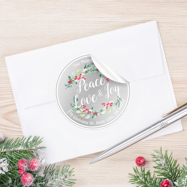 Peace Joy & Love Christmas Happy New Year Address Classic Round Sticker (Creator Uploaded)