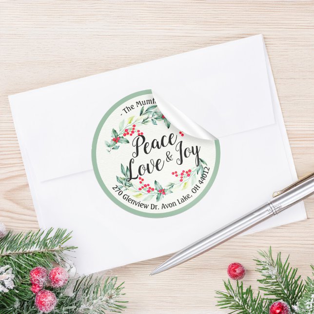 Peace Joy & Love Christmas Happy New Year Address Classic Round Sticker (Creator Uploaded)