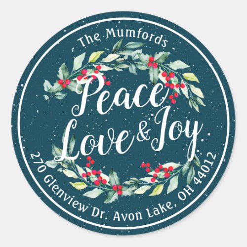 Peace Joy  Love Christmas Happy New Year Address Classic Round Sticker