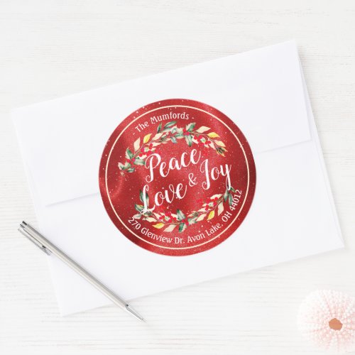 Peace Joy  Love Christmas Happy New Year Address Classic Round Sticker