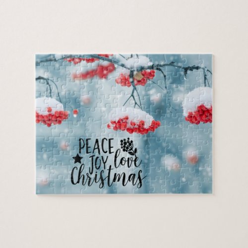 Peace Joy Love Christmas Red Berries  Snow Jigsaw Puzzle