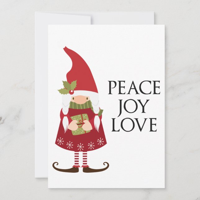 Peace Joy Love Girl Gnome Customizable Holiday Card (Front)