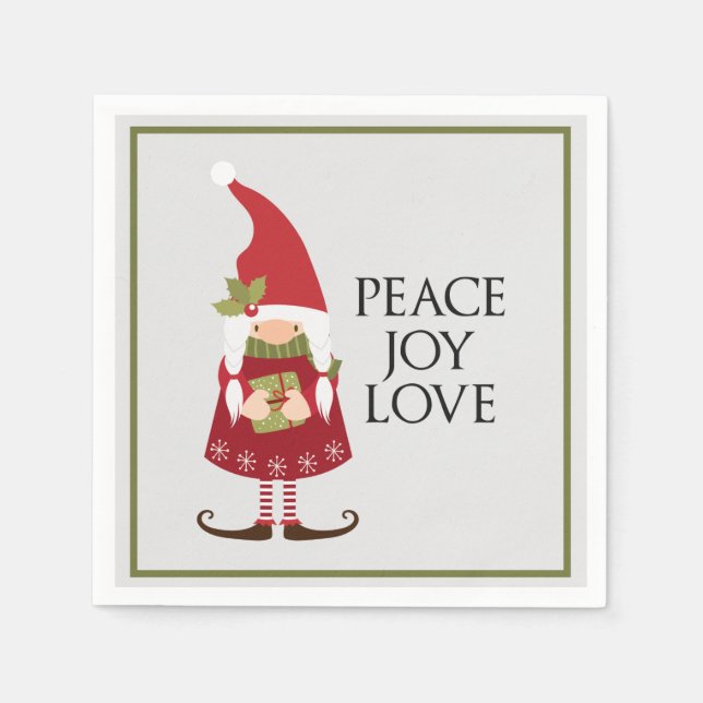 Peace Joy Love Girl Gnome Holiday Napkins (Front)