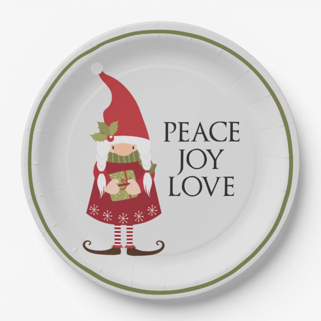 Peace Joy Love Girl Gnome Holiday Paper Plates (Front)