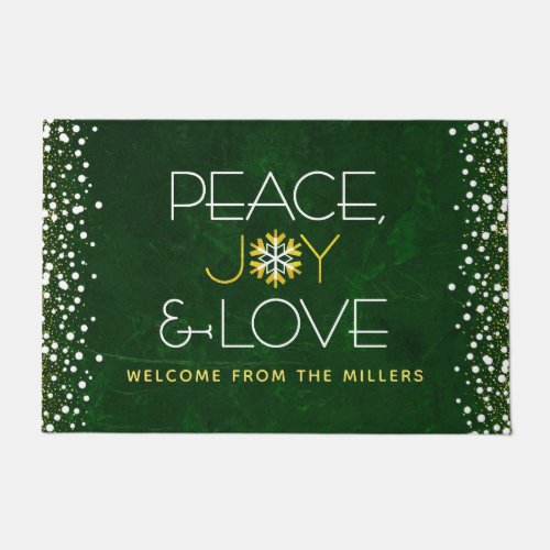 Peace Joy Love Green Christmas Modern Snowflake Doormat
