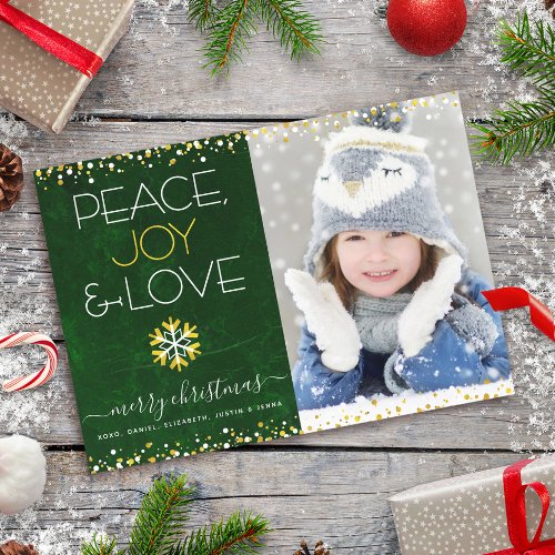 Peace Joy Love Green Photo Christmas Snowflakes Holiday Card