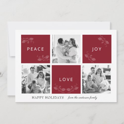Peace Joy Love Maroon Photo Collage Holiday Card