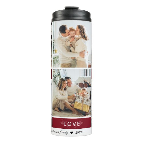 Peace Joy Love Maroon Photo Collage Script Holiday Thermal Tumbler