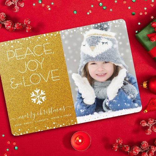 Peace Joy Love Photo Bold Snowflake Gold Christmas Holiday Card