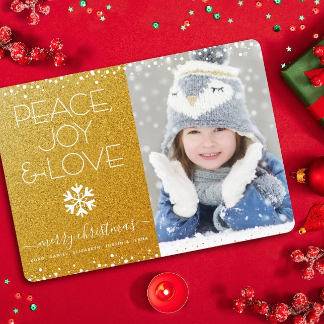 Peace Joy Love Photo Bold Snowflake Gold Christmas Holiday Card (Creator Uploaded)