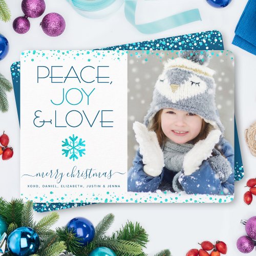 Peace Joy Love Photo Snowflake Christmas Modern Holiday Card