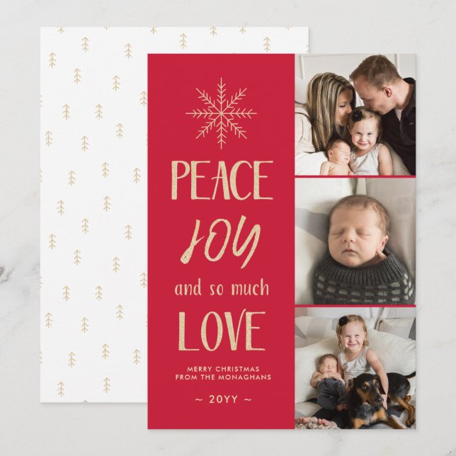 Peace, Joy, Love | Red Gold | 3 Photo Holiday Card (Front/Back)