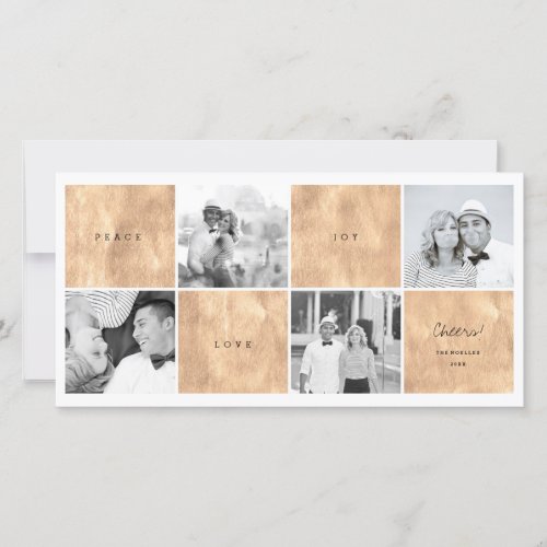 Peace Joy Love Rose Gold Squares Stylish 4 Photo Holiday Card