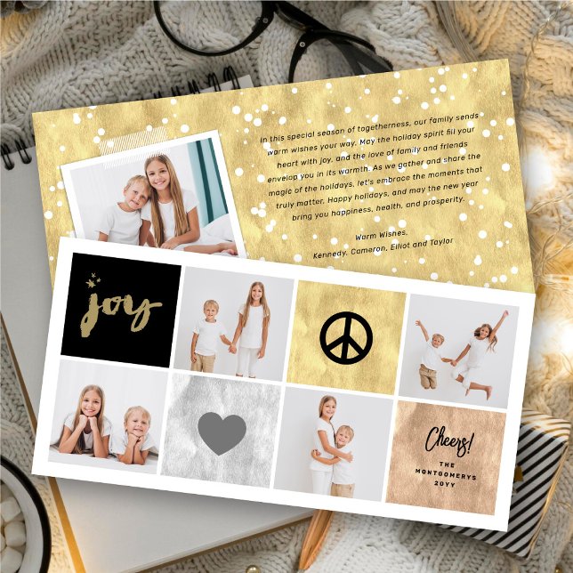 Peace Joy Love Shiny Gold Square Stylish 4 Photo Holiday Card (Creator Uploaded)