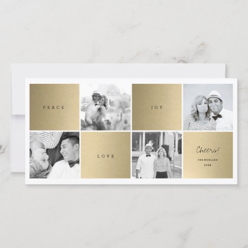 Peace Joy Love Shiny Gold Squares Stylish 4 Photo Holiday Card