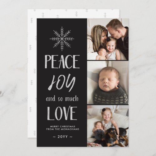 Peace Joy Love  Silver Black  3 Photo Holiday Card