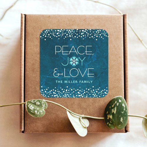 Peace Joy Love Snowflake Typography Blue Holiday Square Sticker