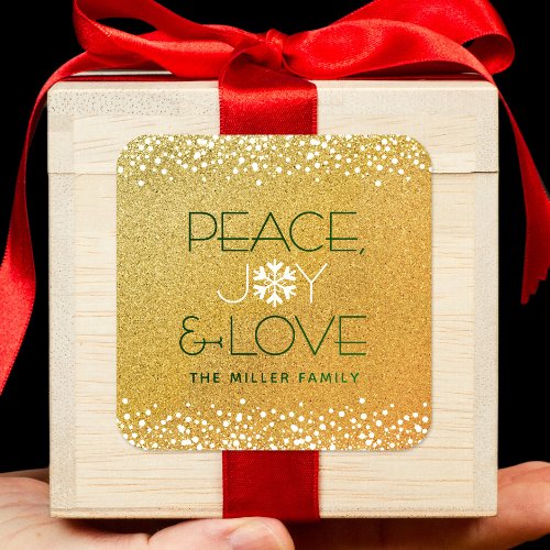 Peace Joy Love Snowflake Typography Gold Holiday Square Sticker