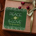 Peace Joy Love, Snowflake Typography Green Holiday Square Sticker<br><div class="desc">“Peace, joy & love.” A fun, playful, gold foil and white snowflake illustration and modern typography on a rich, deep dark green marble watercolor background help you usher in the holiday season. Additional white and gold confetti dots frame the sticker. Feel the warmth and joy of the holidays whenever you...</div>