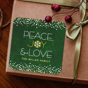 Peace Joy Love, Snowflake Typography Green Holiday Square Sticker