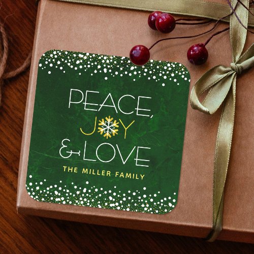 Peace Joy Love Snowflake Typography Green Holiday Square Sticker