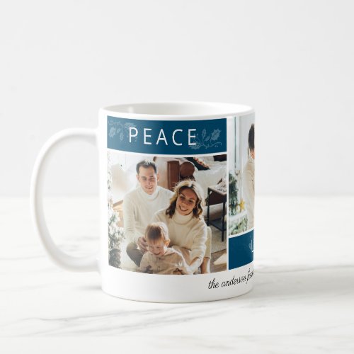 Peace Joy Love Teal 3 Photo Collage Script Holiday Coffee Mug