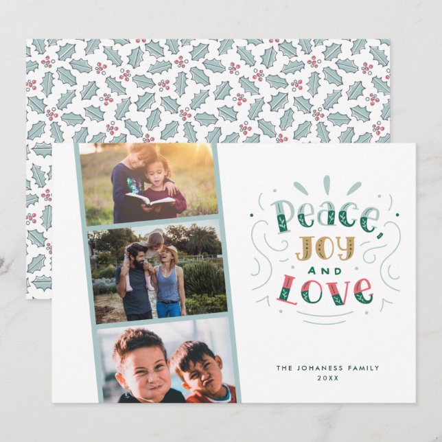 Peace Joy Love Three Photo Family Christmas Holiday Card (Front/Back)