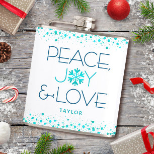 Peace Joy Love Turquoise Holiday Snowflake Name Flask
