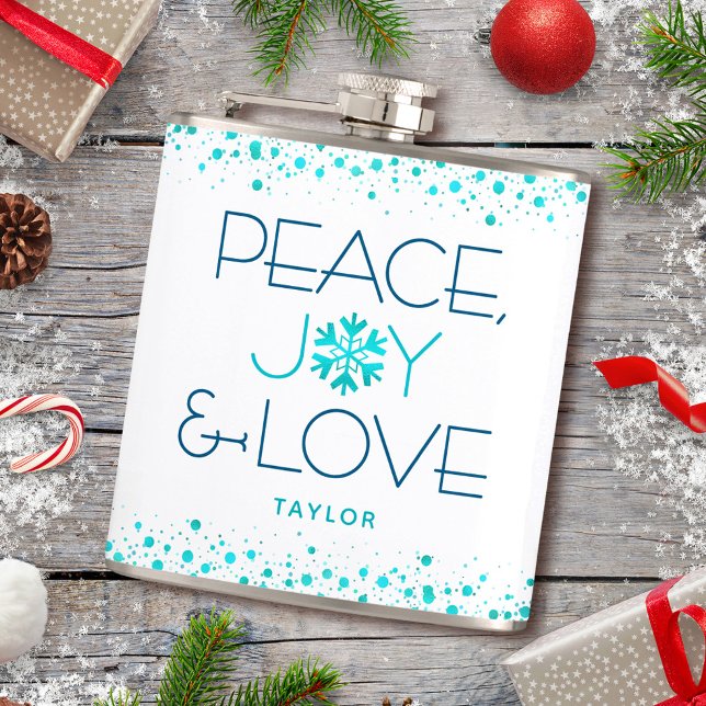 Peace Joy Love Turquoise Holiday Snowflake Name Flask (Creator Uploaded)