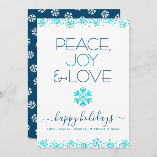 Peace Joy Love Turquoise Snowflake Typography Bold Holiday Card