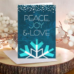 Peace Joy Love Typography Blue Snowflake Modern Holiday Card<br><div class="desc">“Peace, joy & love.” A giant, fun, playful, white and turquoise snowflake illustration and modern typography on a rich, deep teal blue marble watercolor background help you usher in the holiday season. A white and turquoise confetti dot border frames the top. Your personalized greeting is found on the inside. Feel...</div>