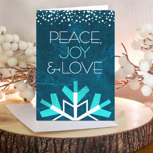 Peace Joy Love Typography Blue Snowflake Modern Holiday Card