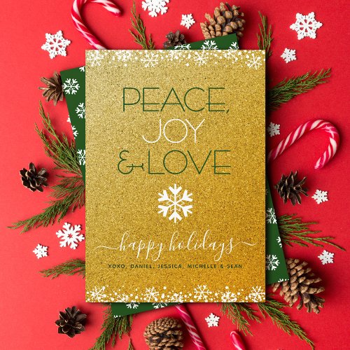 Peace Joy Love Typography Snowflake Gold Glitter Holiday Card