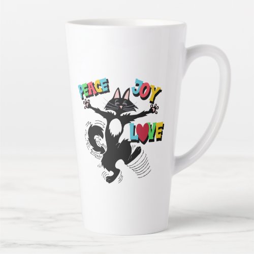 Peace joy love with cat dancing latte mug