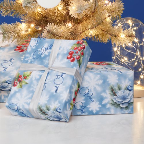 Peace  Joy Merry Christmas Blue Snowflake  Wrapping Paper