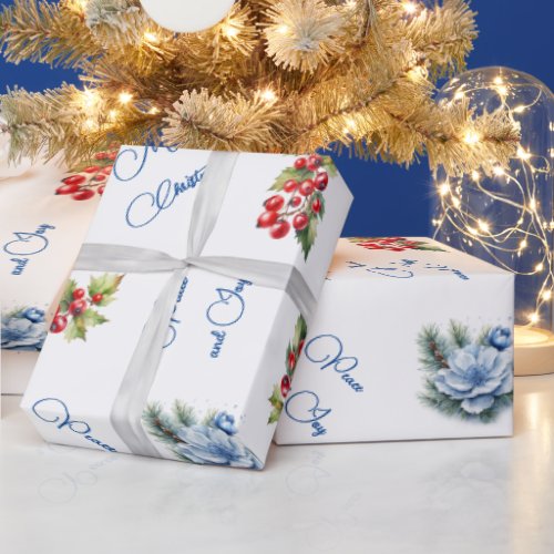 Peace  Joy Merry Christmas Red Berries on White Wrapping Paper