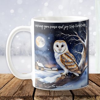 Peace Joy Merry Christmas Snow Watercolor Barn Owl