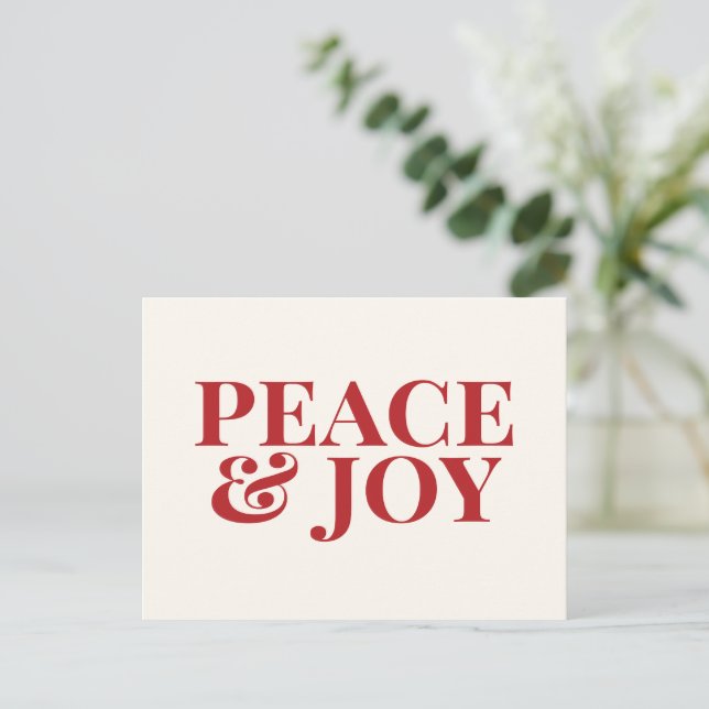 Peace & Joy - Modern Red Typography Christmas Postcard (Standing Front)