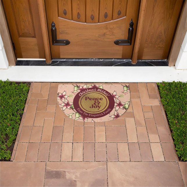 Peace & Joy, Pink Burgundy Gold Christmas Door Mat (Outdoor)