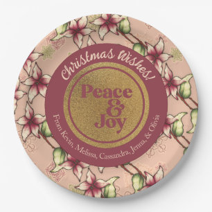 Peace & Joy, Pink Burgundy Gold Christmas Paper Plates