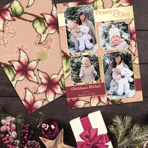 Peace  Joy Pink Burgundy Gold Poinsettia Photo Foil Holiday Card