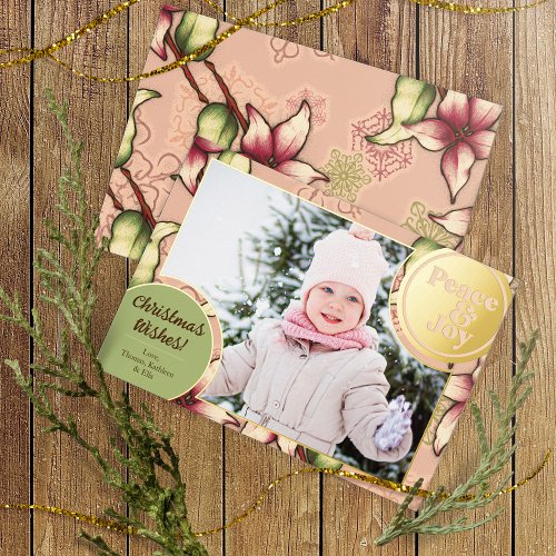 Peace  Joy Pink Green Gold Poinsettia Photo Foil Holiday Card