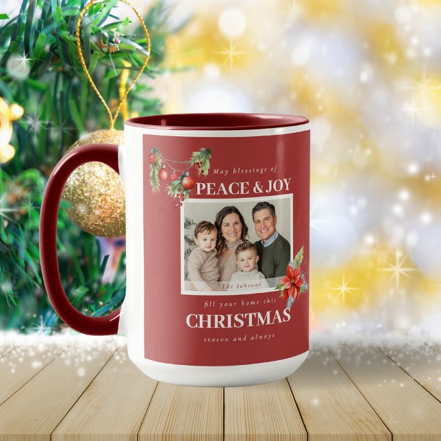 Peace Joy Red Poinsettia Family Photo Christmas Mug (Creator Uploaded)